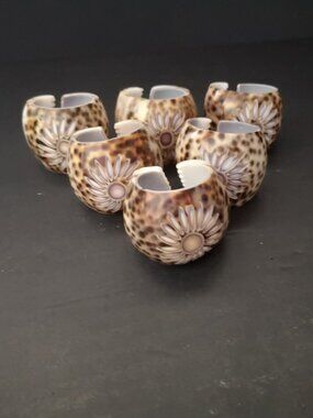 Vintage Tiger Cowrie Shell 6 Napkin Rings w/ Hand Carved Floral Design + 3 Plain
